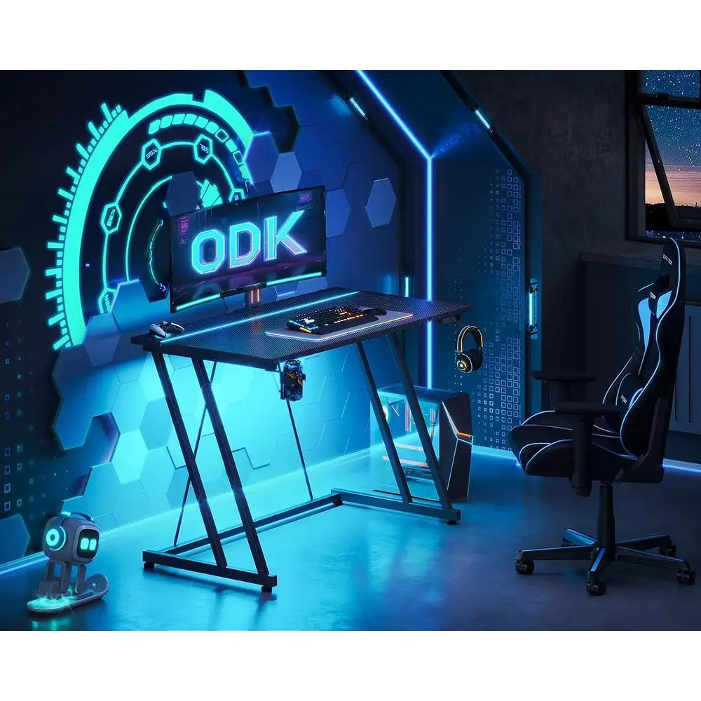 Carbon Fiber Black 80cm LED Gaming Desk with Cup Holder and Peg Hook