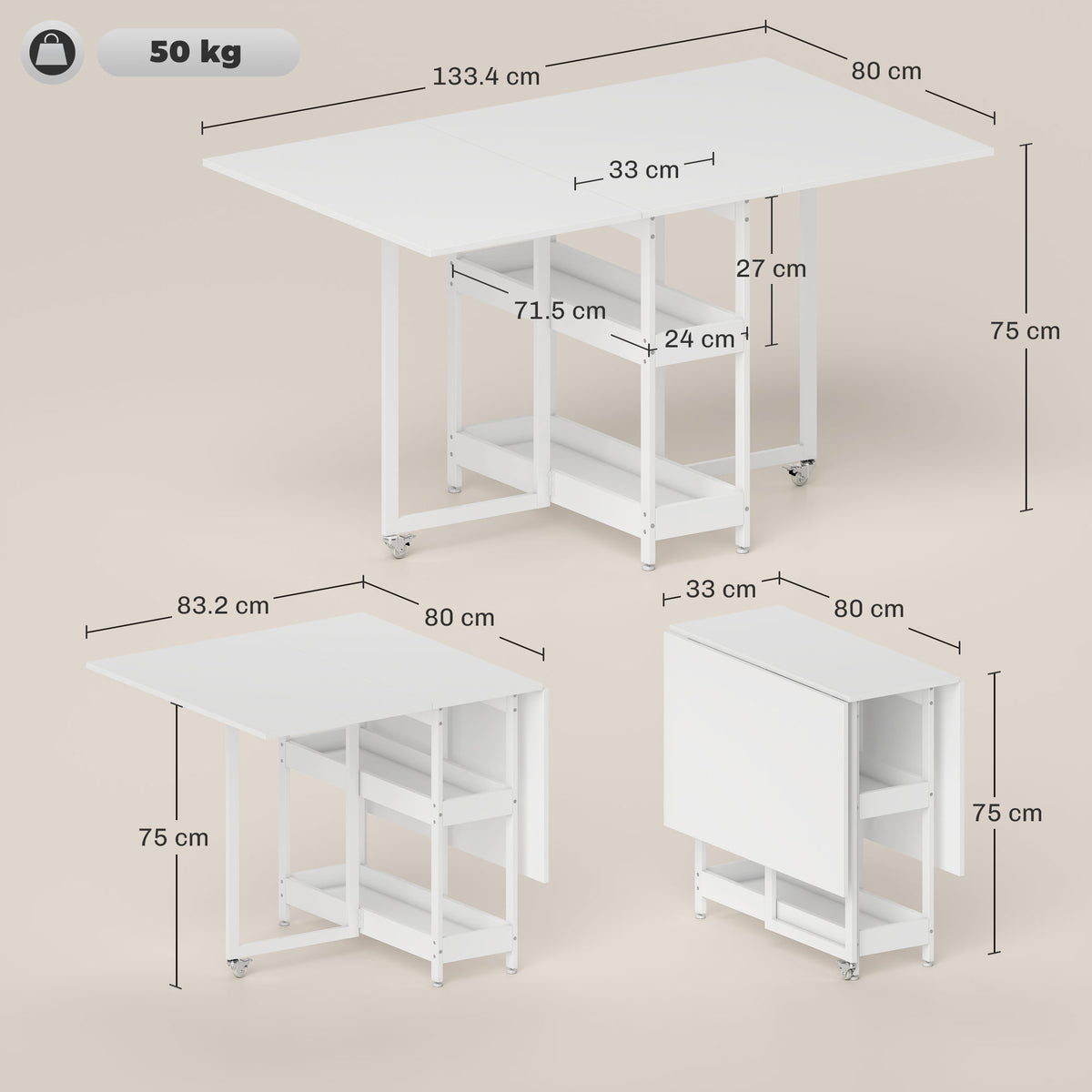 HOMCOM Four-Person Drop Leaf Table - White Wood-Effect