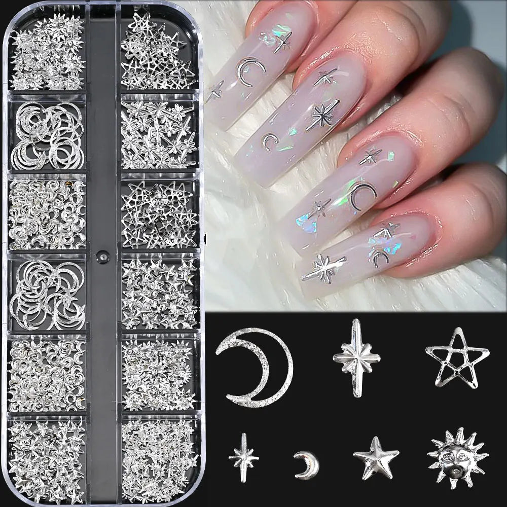 12Grid Shiny Silver Half Round Metal Caviar Bead Nail Rivets Charms 2/3/4/5/6/8mm Flatback Pearl Balls Nail Art Studs Y2k Decora