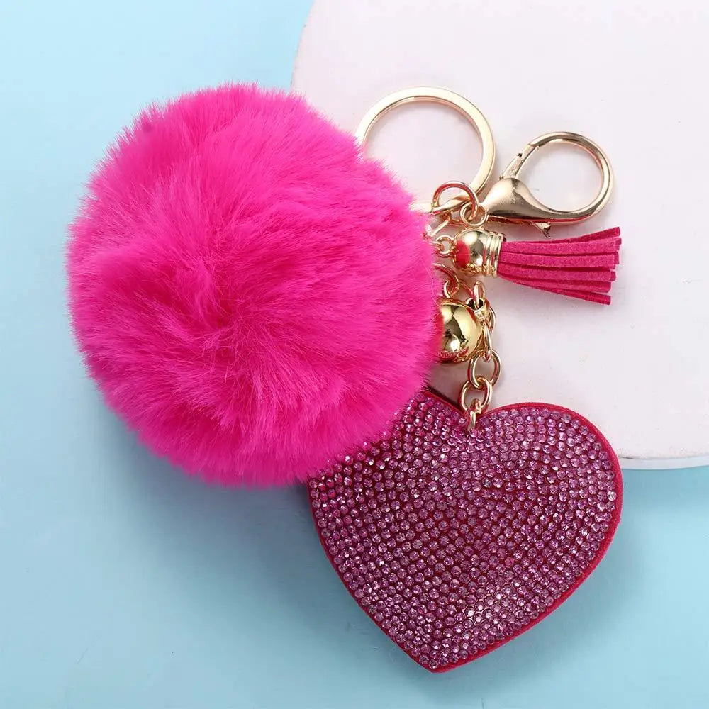 Fashion for Women's Bags Girls Ornaments Packaging Decoration Pompom Keychains Rhinestone Heart Bag Pendant Rhinestone Keyrings
