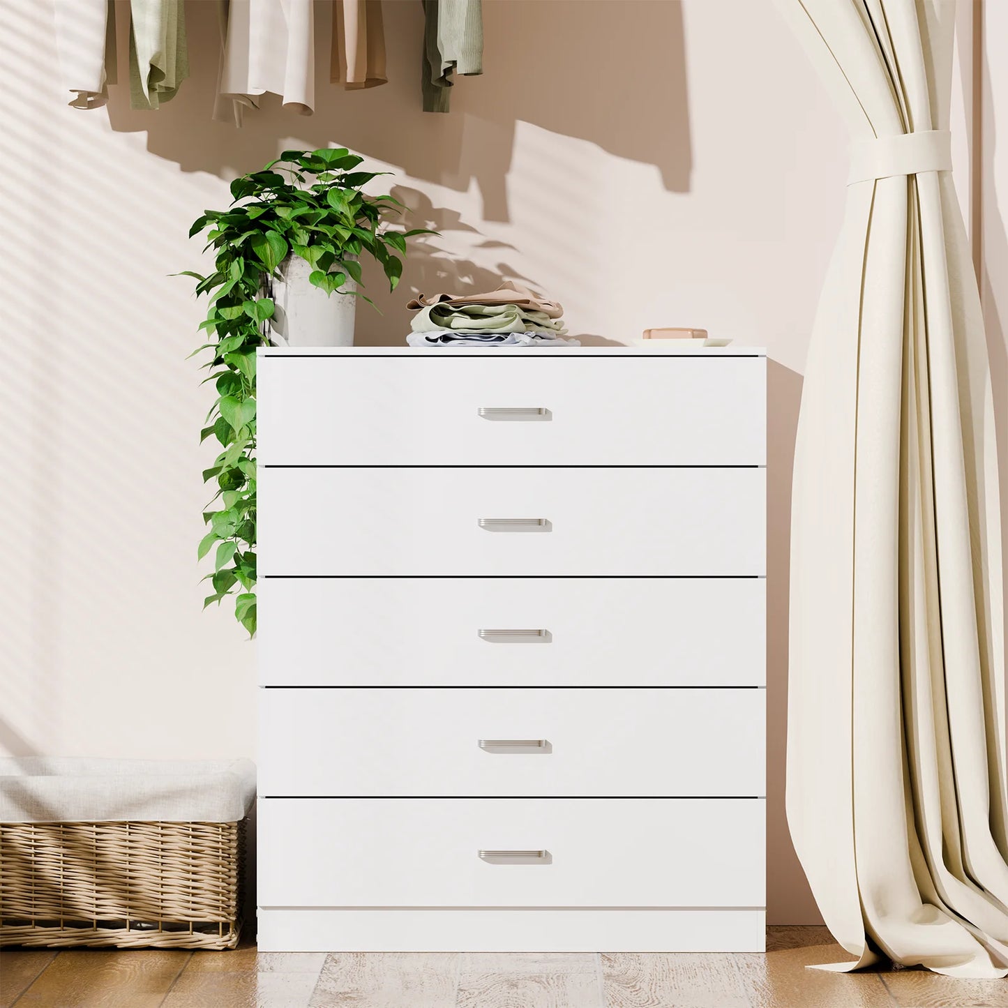 5 Drawer Chest White, Wood Storage Cabinet Dresser for Bedroom, Hallway, Closet Organizer, Modern Furniture (75x36x90cm)