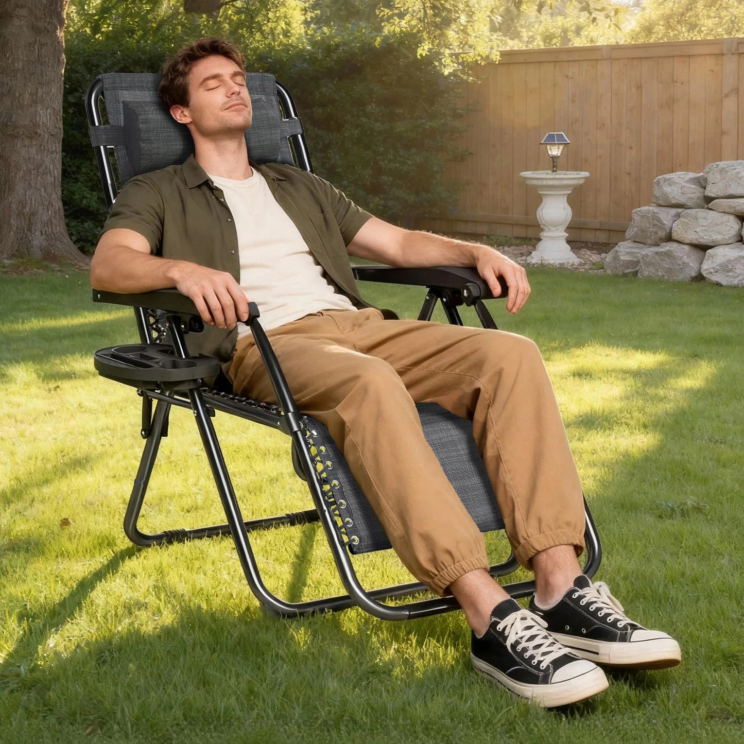 Zero Gravity Reclining Chair Set of 2 – Folding Outdoor & Garden Chairs with Textilene Fabric, Cup Holder and Headrest Pillow