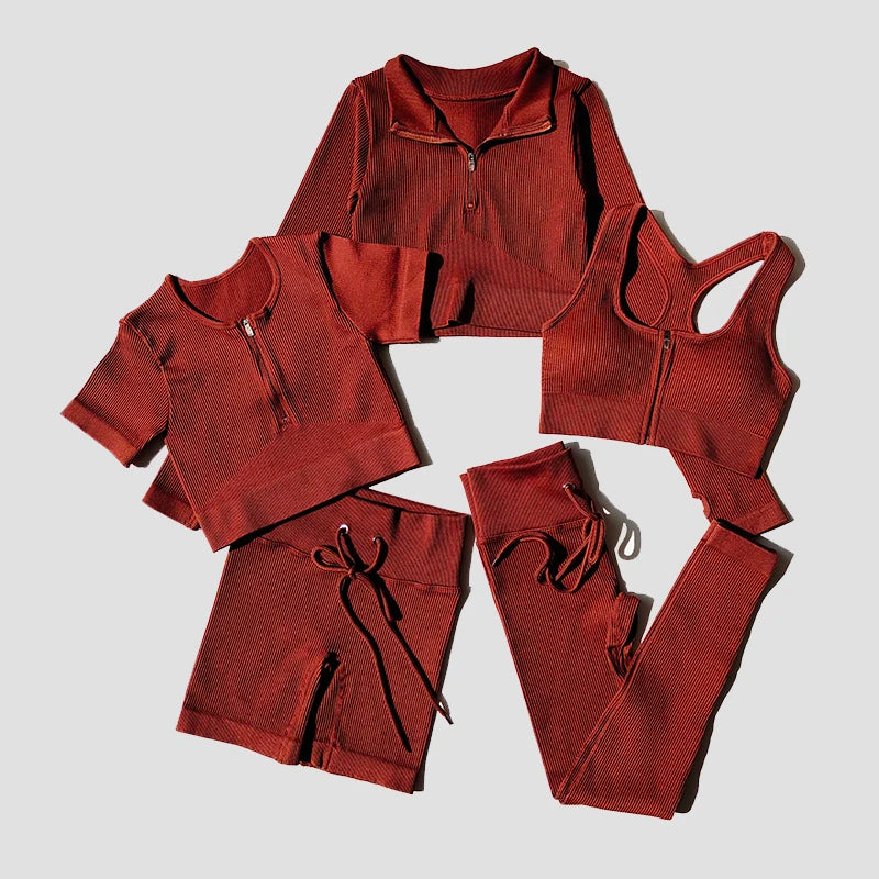 Seamless Women Yoga Set Workout Sportswear Gym Clothing Zipper Long Sleeve High Waist Leggings Fitness Bra Athletic Sports Suits