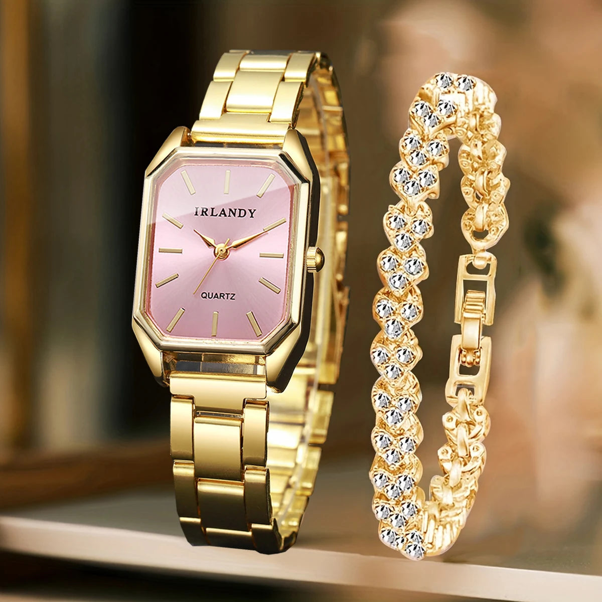 2PCS Fashion Rectangle Women Quartz Watch Rhinestone Bracelet Set Elegant Ladies Wristwatches Reloj Mujer Clock（Without Box）