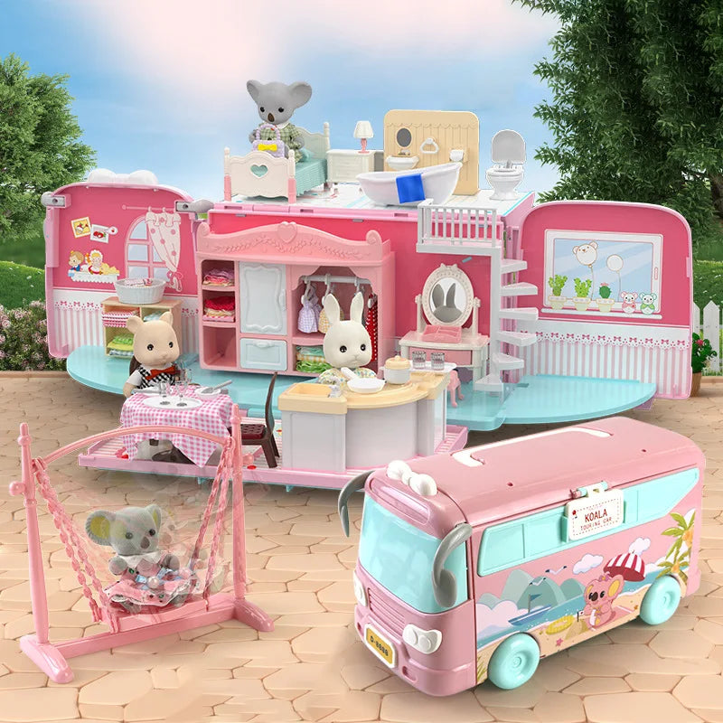 Dollhouse Koala Diary Girl Play House Toy Diy Tour Bus Bedroom Dresser Dining Kitchen Bathroom Shop Pretend Family Toys Girls