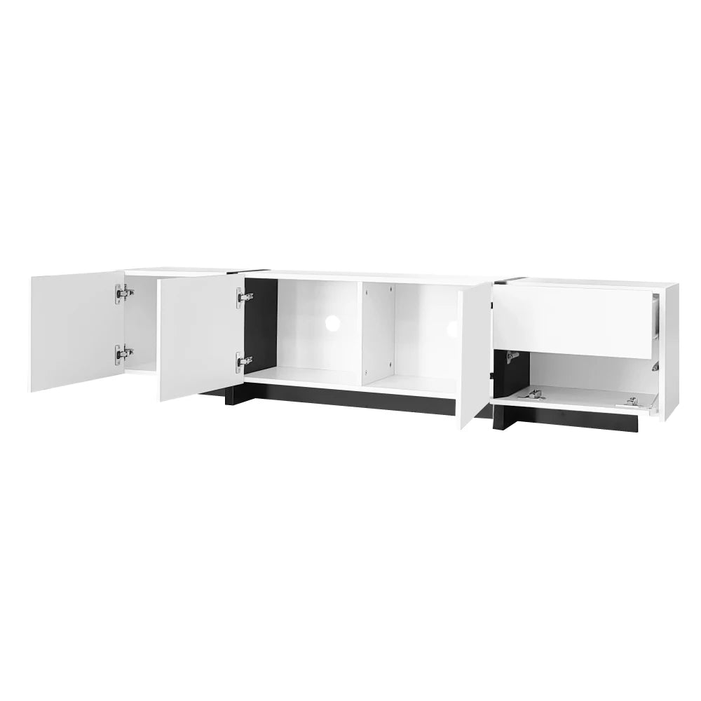 PINGGO TV cabinet, white high-gloss cabinet and black contrasting table legs, with simple cabinet doors and drawers.