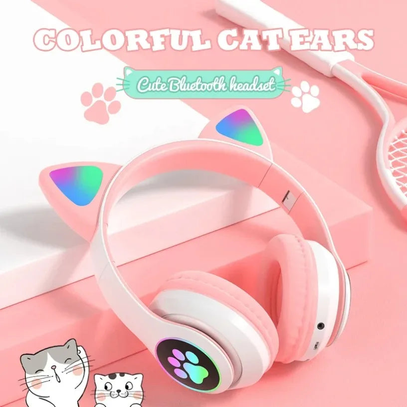 Bluetooth 5.0 Stereo With Mic Flash Lamp Cute Cat Ears Headphone Support TF Card Wireless Kids Girl Earphone Birthday Gift