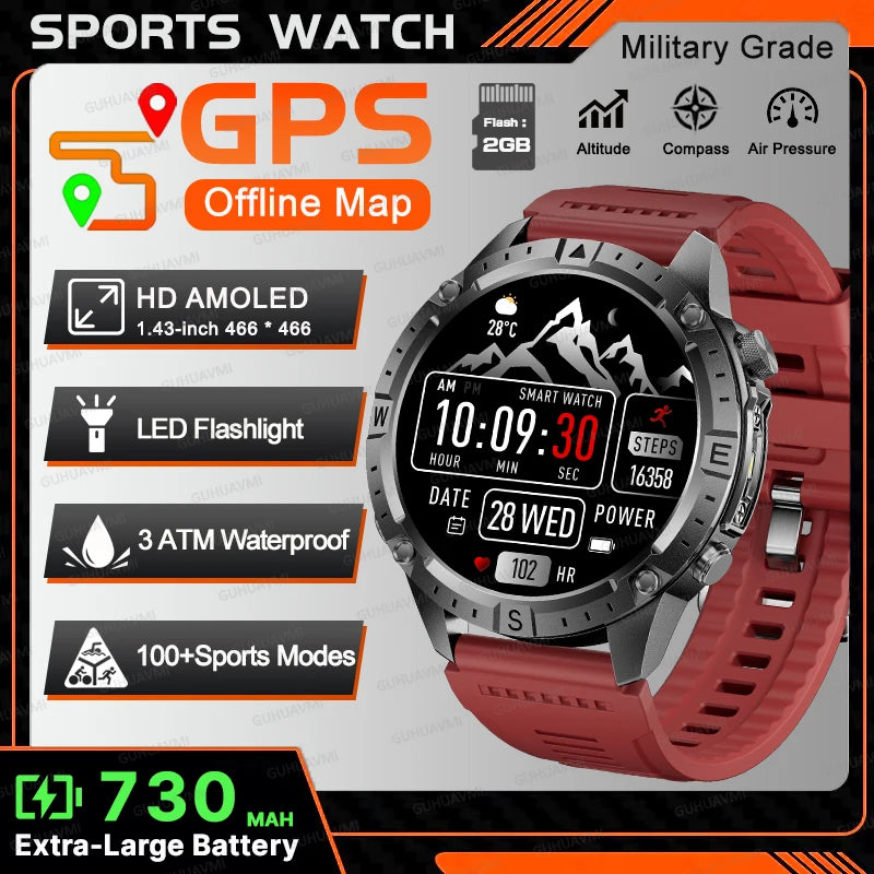 New TANK Military GPS Offline Map Smart Watch 730mAh 3 ATM Waterproof Sports Compass Heart Rate 2GB HD Bluetooth Call SmartWatch