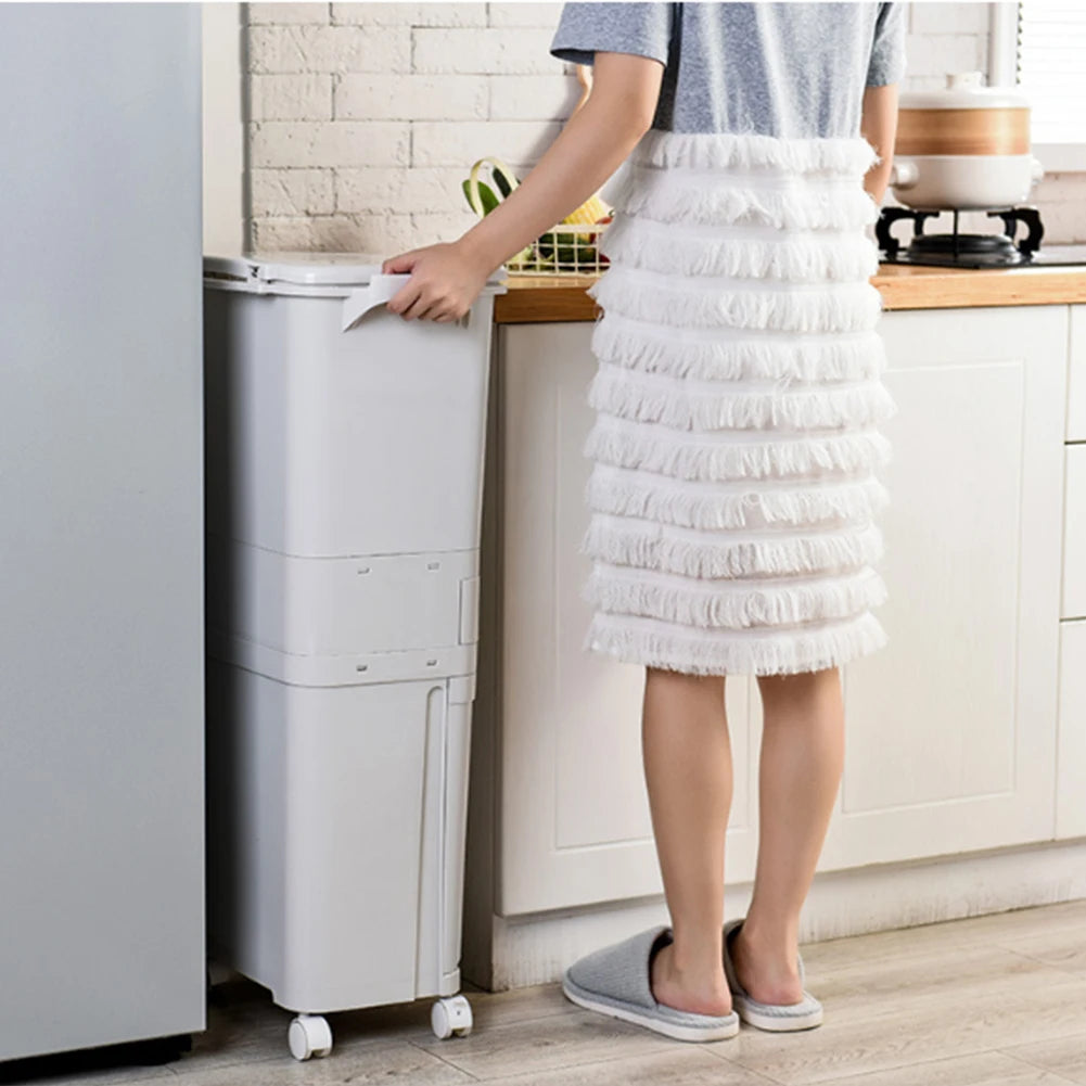 Voltsify 38L Double Compartment Trash Can with 4 Casters, White 2-Tier Design Waste Bin for Kitchen, 42x28.2x73cm