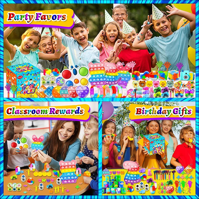 120/206Pcs Kids Birthday Pinata Toys Snap Bracelets Push Bubble Fidget Toys Carnival Prize Pinata Filler Bulk Toys Kids Gifts