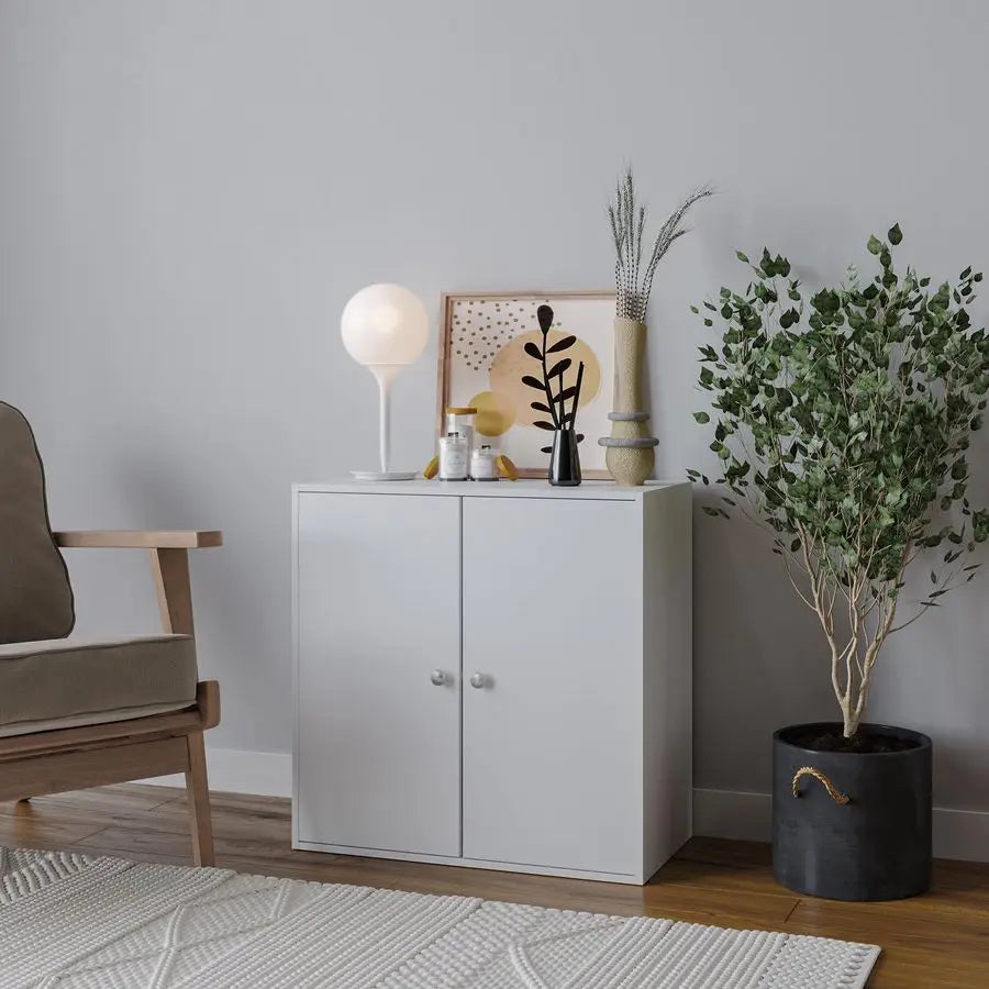 2 Tier Wooden Storage Cabinet White Unit White Doors