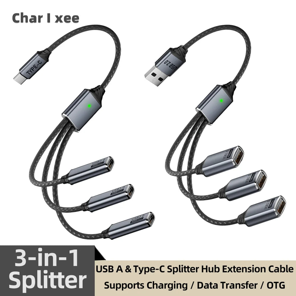 3 in 1 USB A & Type C Splitter HUB Expansion Cable Multi Port Expander OTG Adapter Fast Charging Data Sync for Phone Tablet