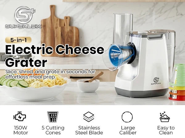 SUPERLEX 5 in 1 Electric Grater 150W Motor Easily Puts In Large Food For egetable Cutter & Slicer Kitchen Cheese Chopper Machine