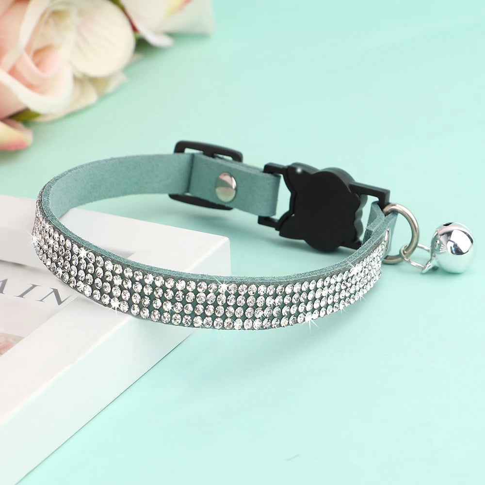 Soft Pink Suede Leather Cat Collar - Cute Bling Rhinestone Design, with Bell & Safety Breakaway Buckle, Adjustable XS/S Sizes
