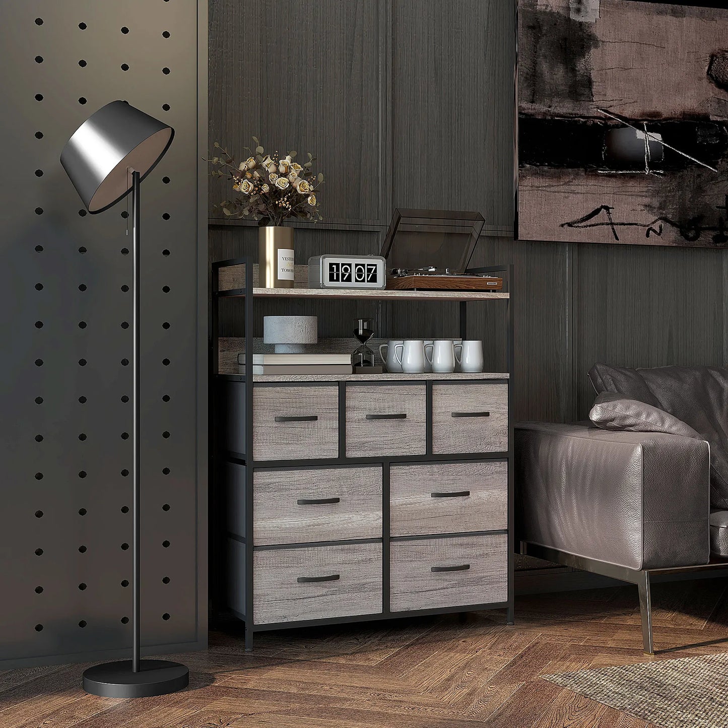 HOMCOM Bedroom Chest of Drawers 7 Drawer Dresser w/ Shelves, Grey Wood Effect