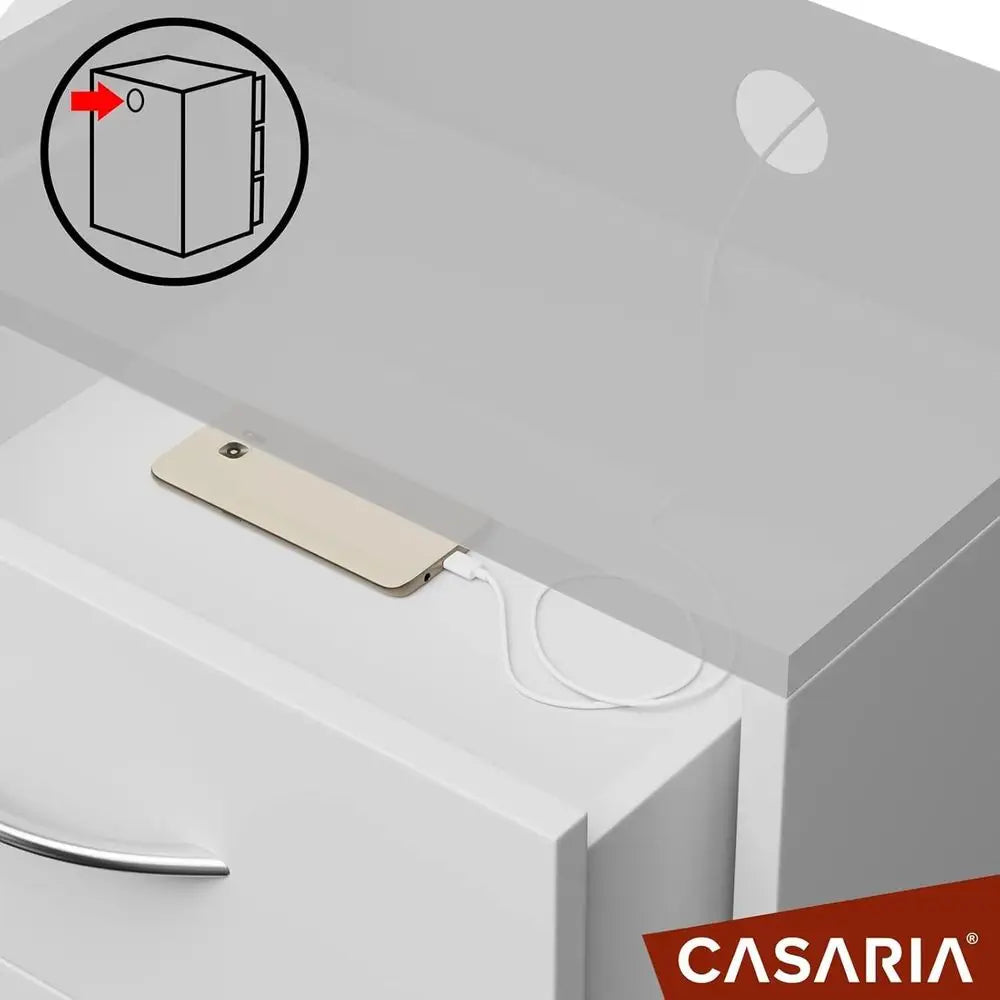 Compact White 3-Drawer Nightstand with Cable Management and Anti-Tip Safety for Bedroom Storage
