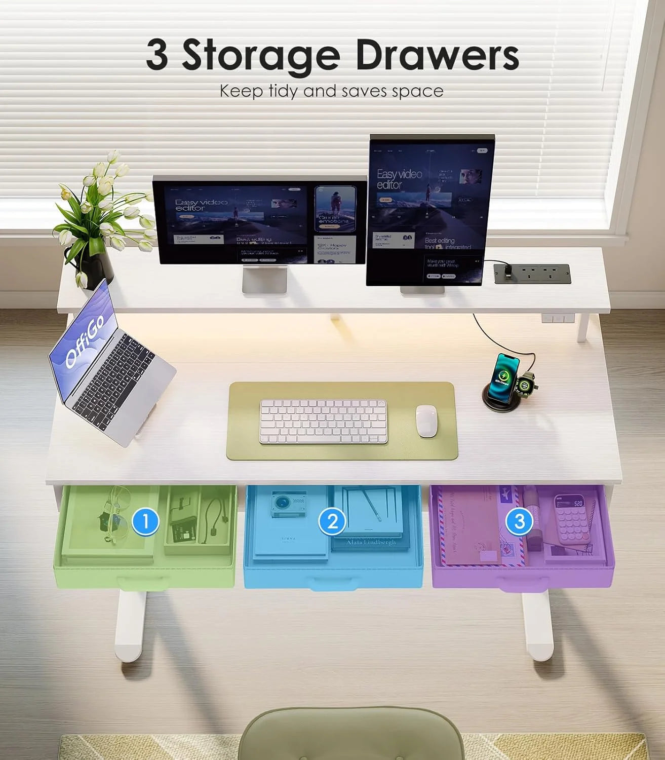 OffiGo Electric Standing Desk, 120 x 54cm Height Adjustable Desk with 3 Drawers, RGB LED Strip , White