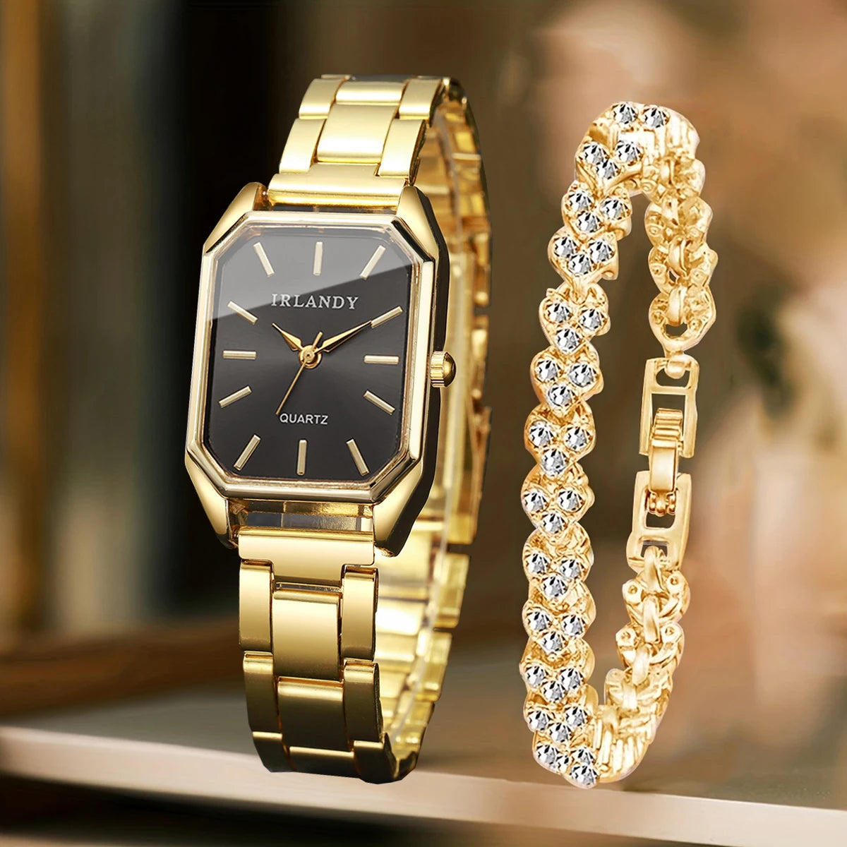 2PCS Fashion Rectangle Women Quartz Watch Rhinestone Bracelet Set Elegant Ladies Wristwatches Reloj Mujer Clock（Without Box）