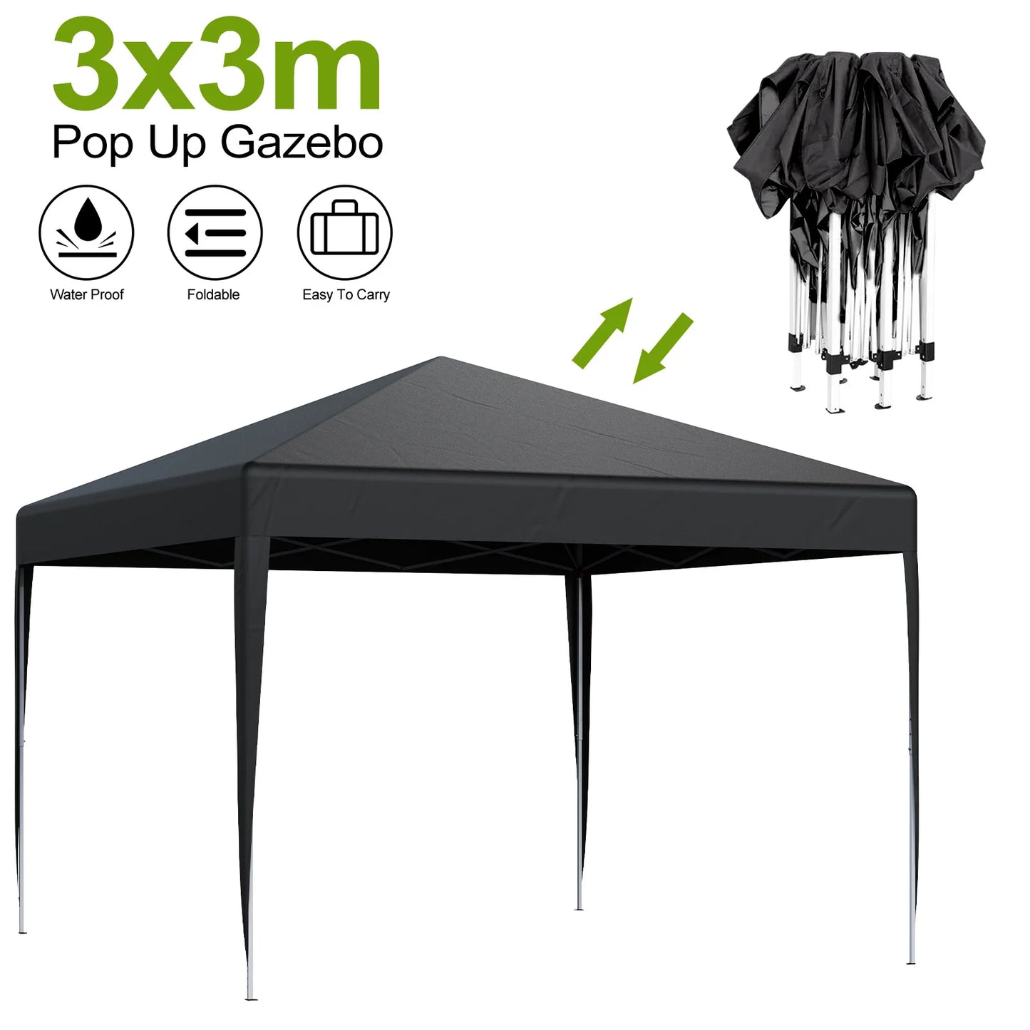 LOEFME 3x3M Pop Up Gazebo Waterproof Windproof Portable Outdoor Canopy Sun Shelter Removable 4 Sides Cloths Garden Camping Tent
