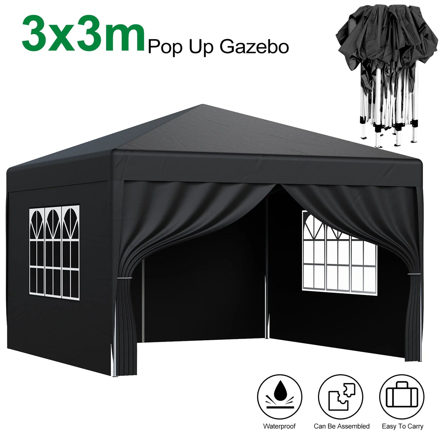 LOEFME 3x3M Pop Up Gazebo Waterproof Windproof Portable Outdoor Canopy Sun Shelter Removable 4 Sides Cloths Garden Camping Tent