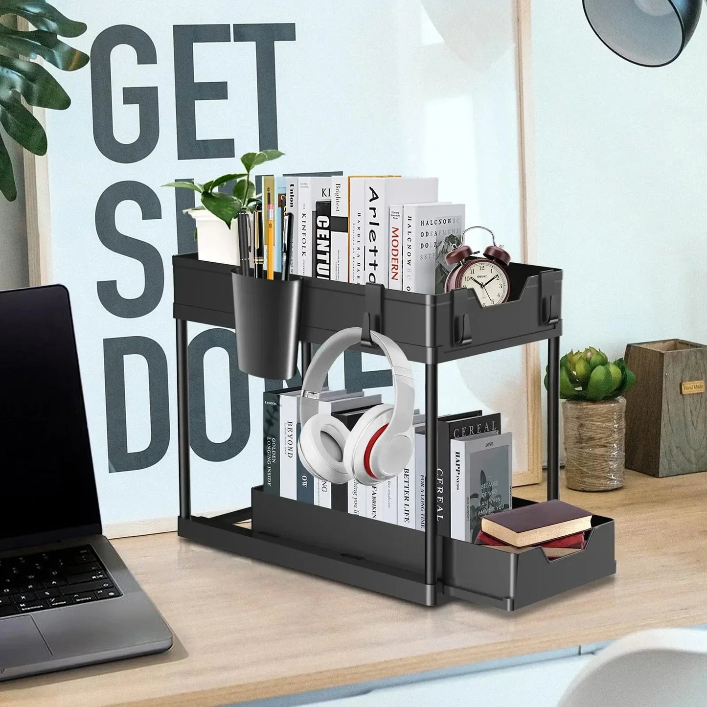 2-Tier Pull Out Under Sink Organizer, Storage Rack with Hooks & Cups, Space Saving Slide-Out Shelf for Kitchen Bathroom Cabinet