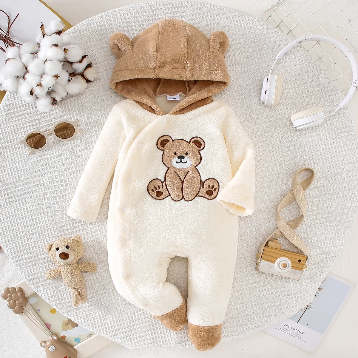 Autumn Winter Baby Bear Onesie with Hat Soft Plush Fabric Warm Cute Heated Footed Suit with Head Protection Bear Ear Design Infa