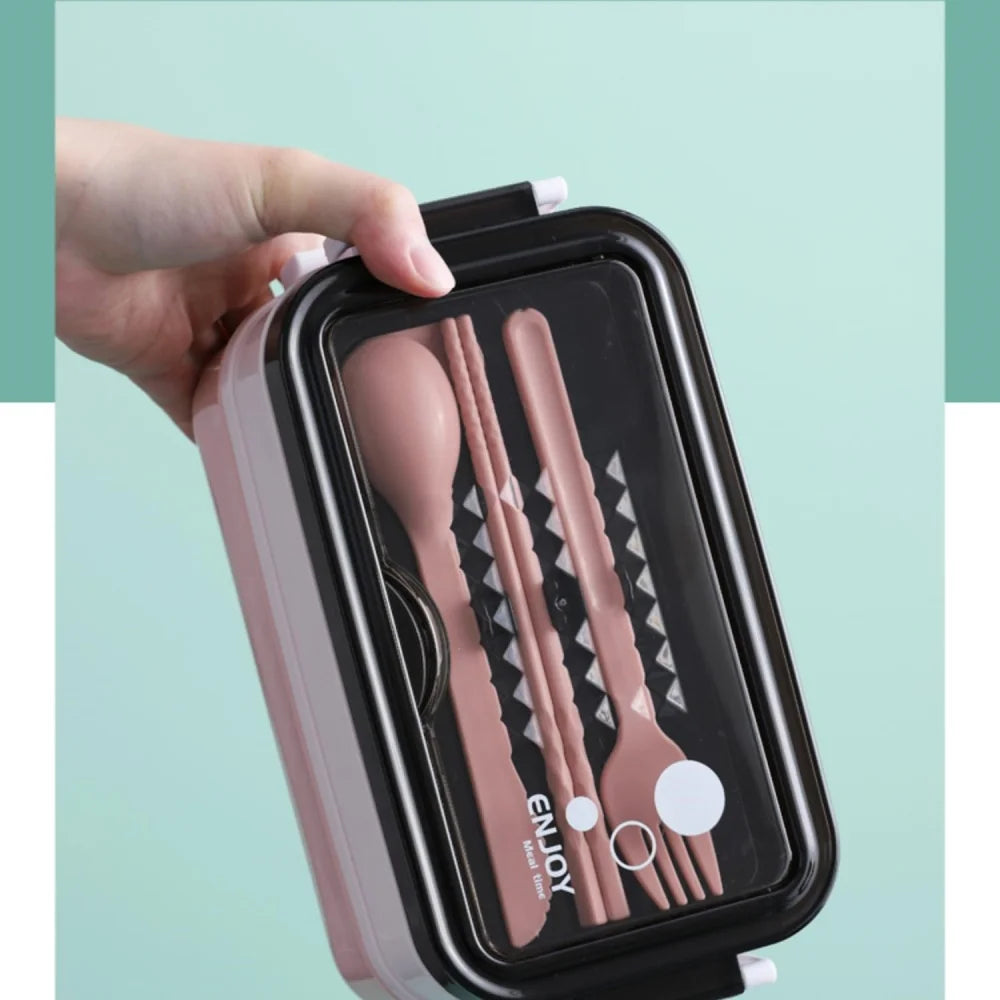 Double-layer Lunch Box 1pc Portable Compartment Food Box Microwave Lunch Box With Fork Chopsticks And Spoon for School office