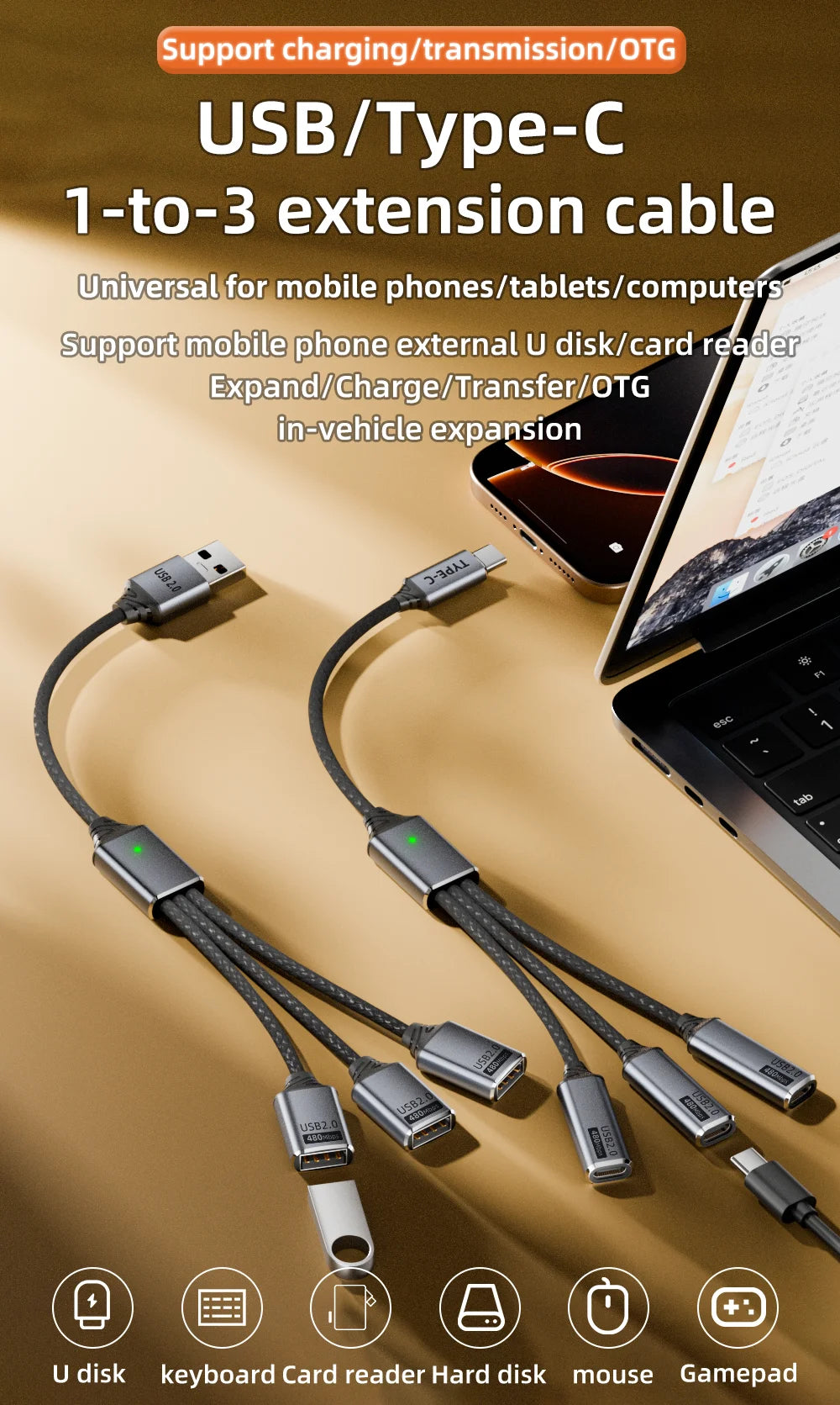 3 in 1 USB A & Type C Splitter HUB Expansion Cable Multi Port Expander OTG Adapter Fast Charging Data Sync for Phone Tablet