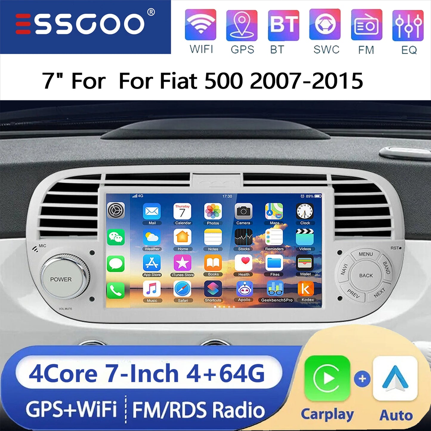 ESSGOO 7" 4+64G Android 15 For Fiat 500 2007-2015 Car Stereo Radio Wireless Carplay Android Auto GPS Navigation Bluetooth FM SWC Wifi RDS ASP IPS Touchscreen Mirror Link Multimedia Video Player