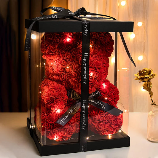 Rose Bear With Box Lights Valentine Gifts Decoration Artificial Flower Teddy Bear for Women/Girlfriend Love Flower Birthday Gift