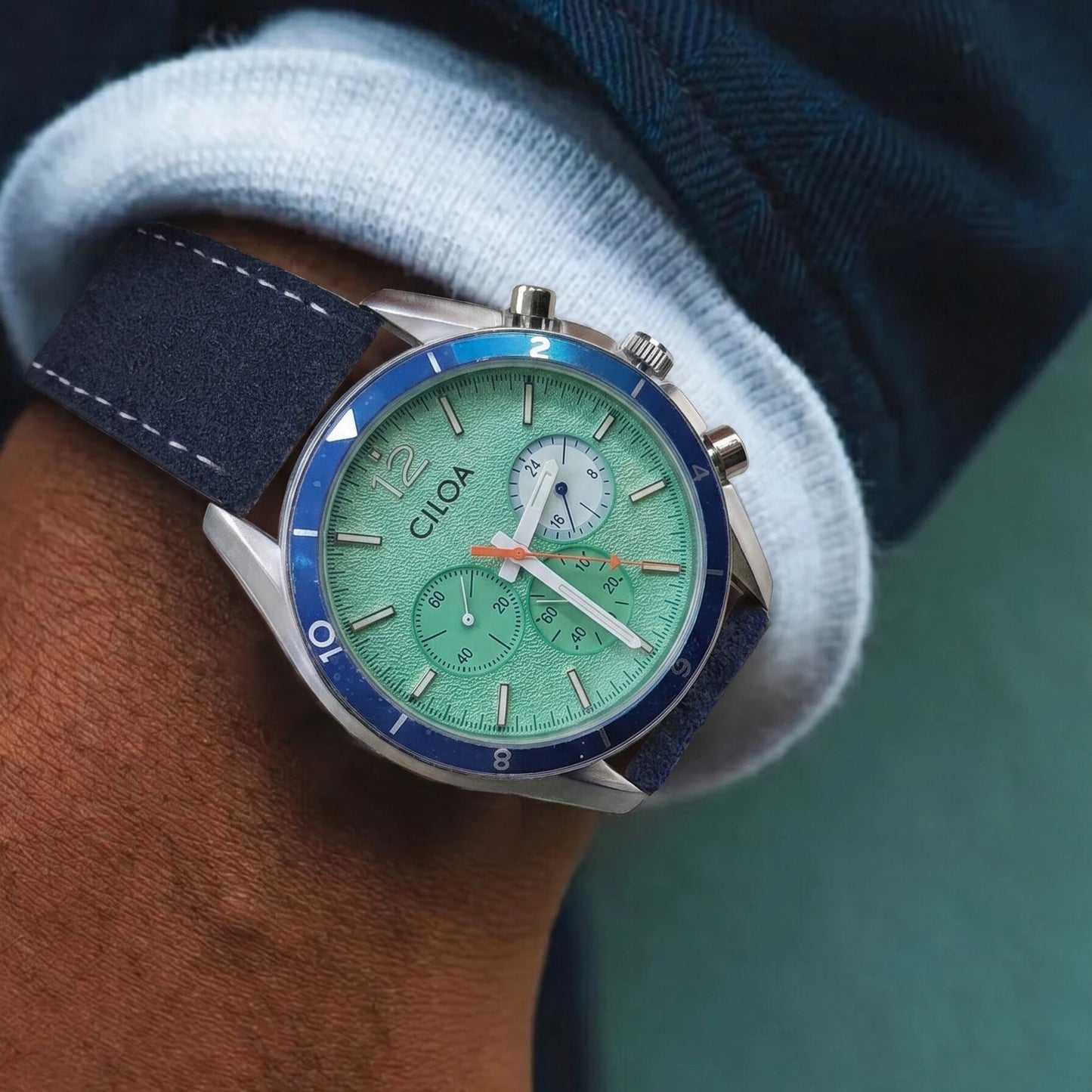 CILOA Men's Chronograph Watch Mint Green Dial with Blue Bezel Blue Suede Leather Strap Sport Casual Quartz Wristwatch