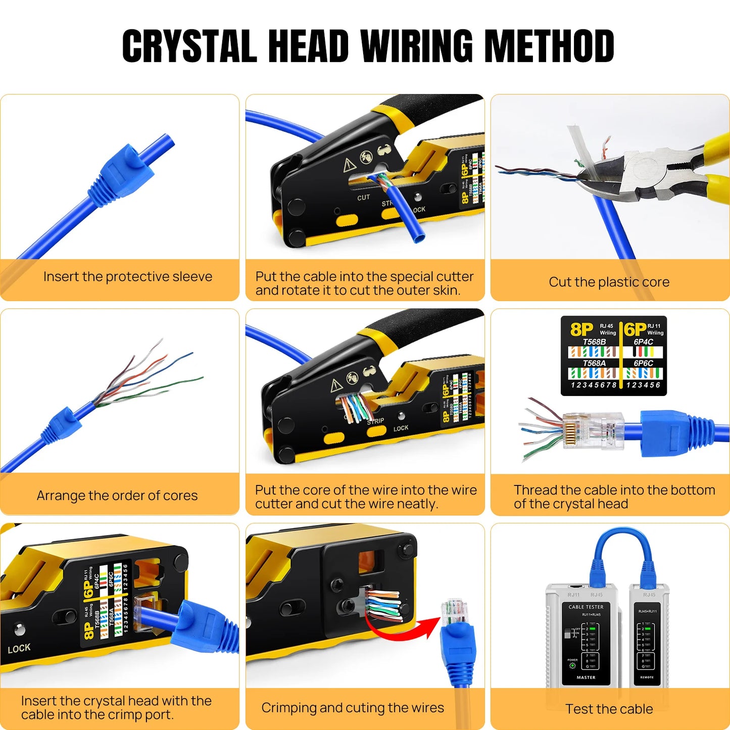 DayPlus Pass Through RJ45 Crimp Tool Kit Ethernet Crimper CAT5 Cat5e Cat6 Crimping Tool Kit 3 IN 1 - Crimp Cutting Peeling