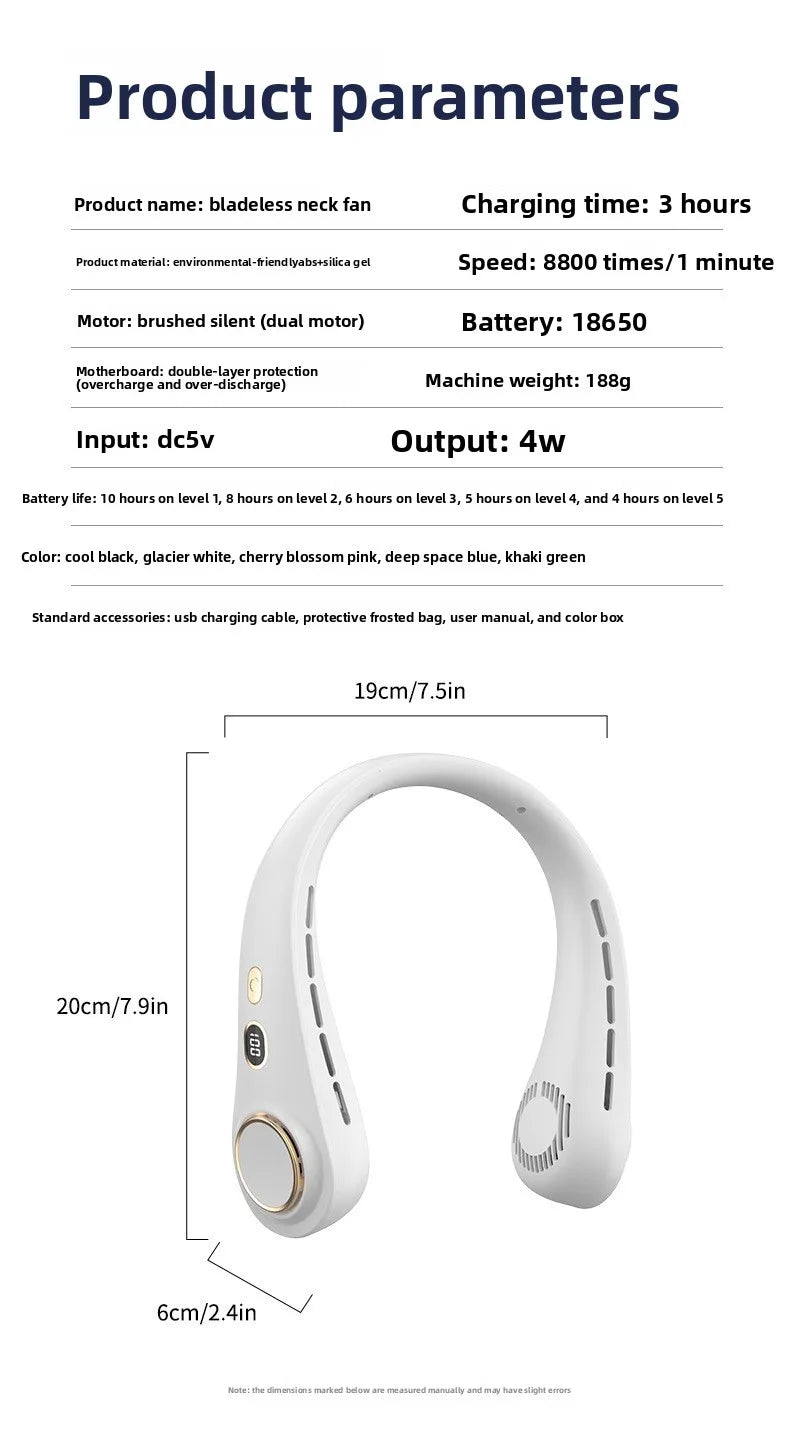 USB Hanging Neck Fan Portable Bladeless Mini Rechargeable Mute LED Digital Display Electric Air Cooler Handheld