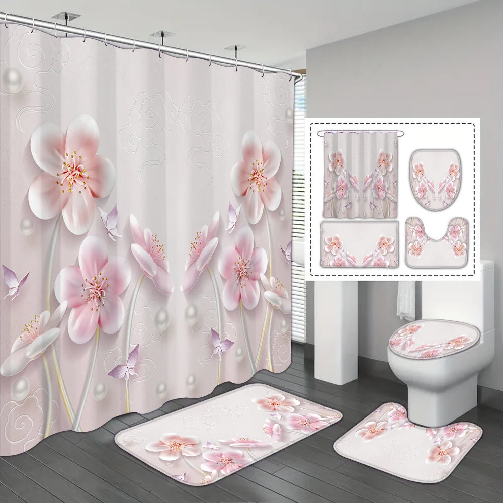 4-piece set of blue white jade orchid waterproof printed shower curtains with 12 hooks, bathroom floor mats