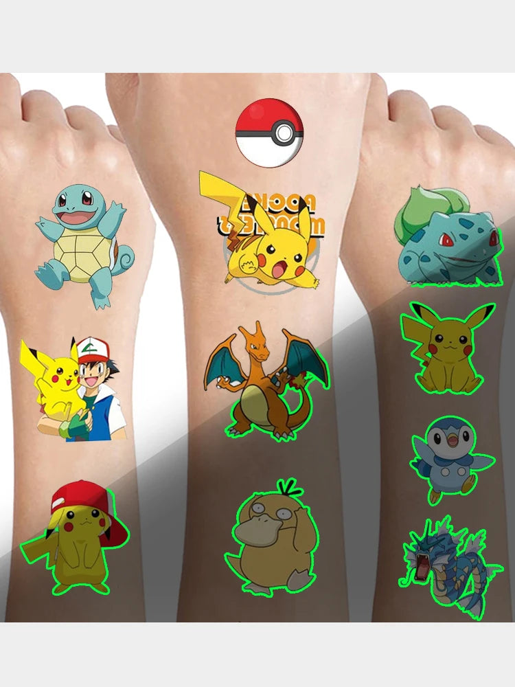 Pokemon Luminous Tattoos for Kids Pikachu Styles Temporary Tattoos Stickers Boys Girls Glow Party Supplies Gifts for Children