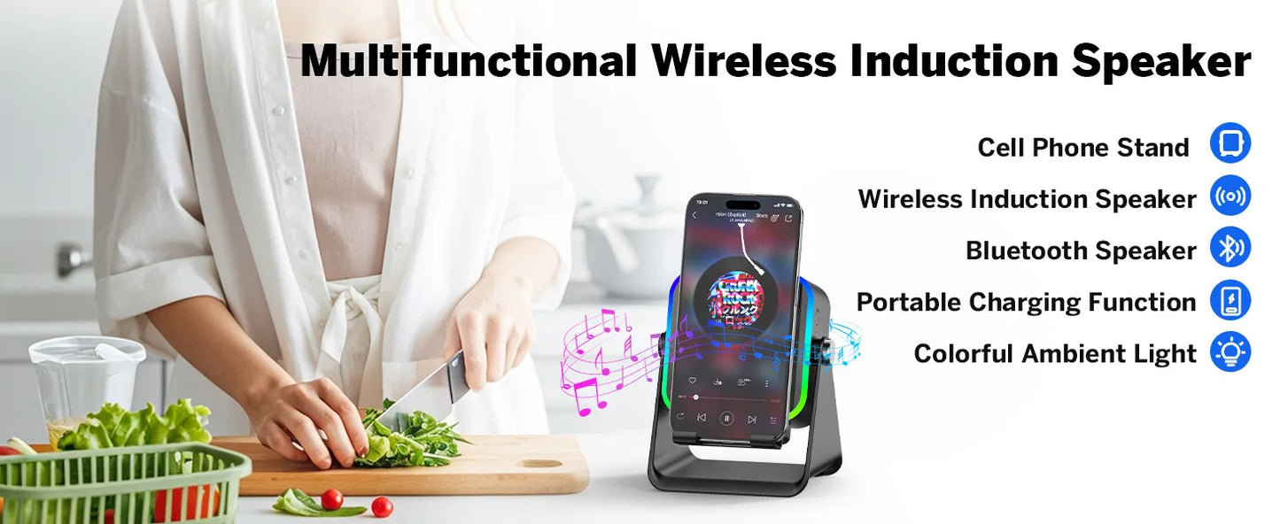 Magnetic Induction Speaker Phone Stand Wireless Bluetooth Phone Holder Amplifier Portable Desk Speaker RGB Light 5000mAh Battery