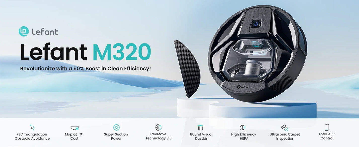 Lefant M320 Robot Vacuum Cleaner, Carpet Detection, 6,000 Pa Suction, Low Noise,  210 Mins Runtime, Self-Charging, Ideal for Har