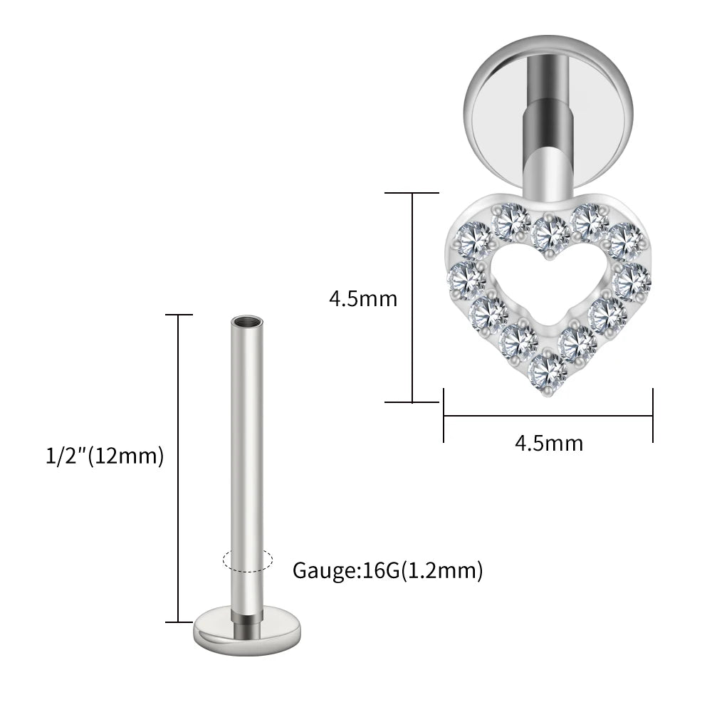 Right Grand ASTM F136 Titanium Mini Heart Cartilage Earring 16G Dainty Flat Back Labret Stud Tragus Helix Piercing Jewelry