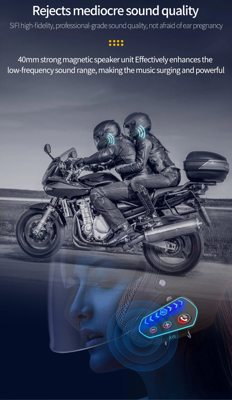 A10 Motorcycle Helmet Bluetooth Headset Wireless V5.0 Waterproof Handsfree Call Music Earphone 1000mAh Riders Moto GPS Headphone