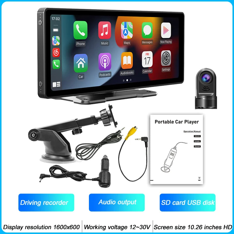 BQCC 10.26 Inch Portable MP5 Multimedia Video Player Android Auto Wireless Carplay Screen HD Rear Reversing Camera Car Radio