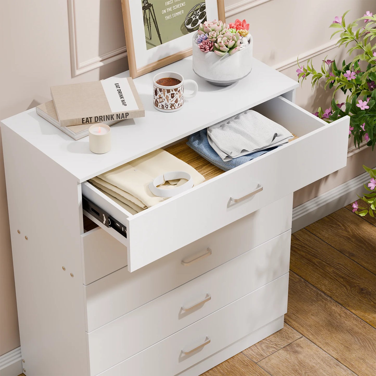 5 Drawer Chest White, Wood Storage Cabinet Dresser for Bedroom, Hallway, Closet Organizer, Modern Furniture (75x36x90cm)