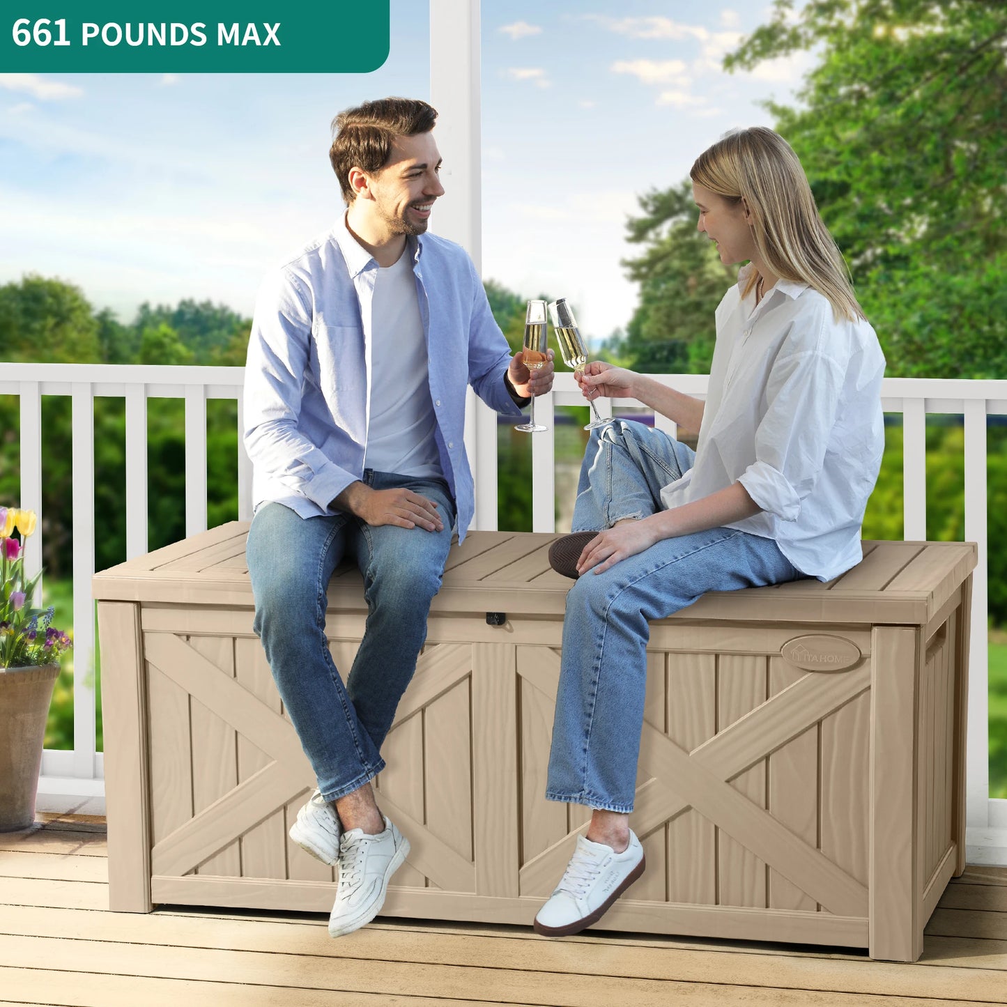 450L X-Front Resin Deck Box, Waterproof Lockable Outdoor Storage Bench for Patio Cushions & Garden Tools