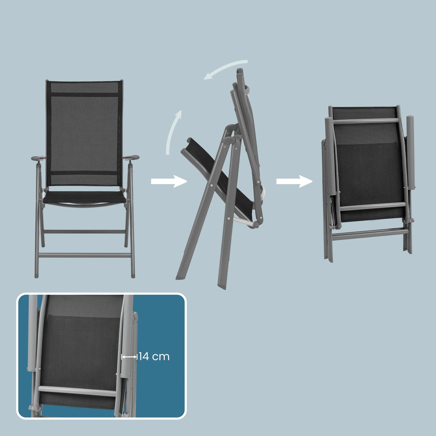 SONGMICS Set of 2 Folding Garden Chairs, Outdoor Chairs with Metal Frame, 8-Angle Reclining Backrest, Max. Capacity 150 kg per Chair