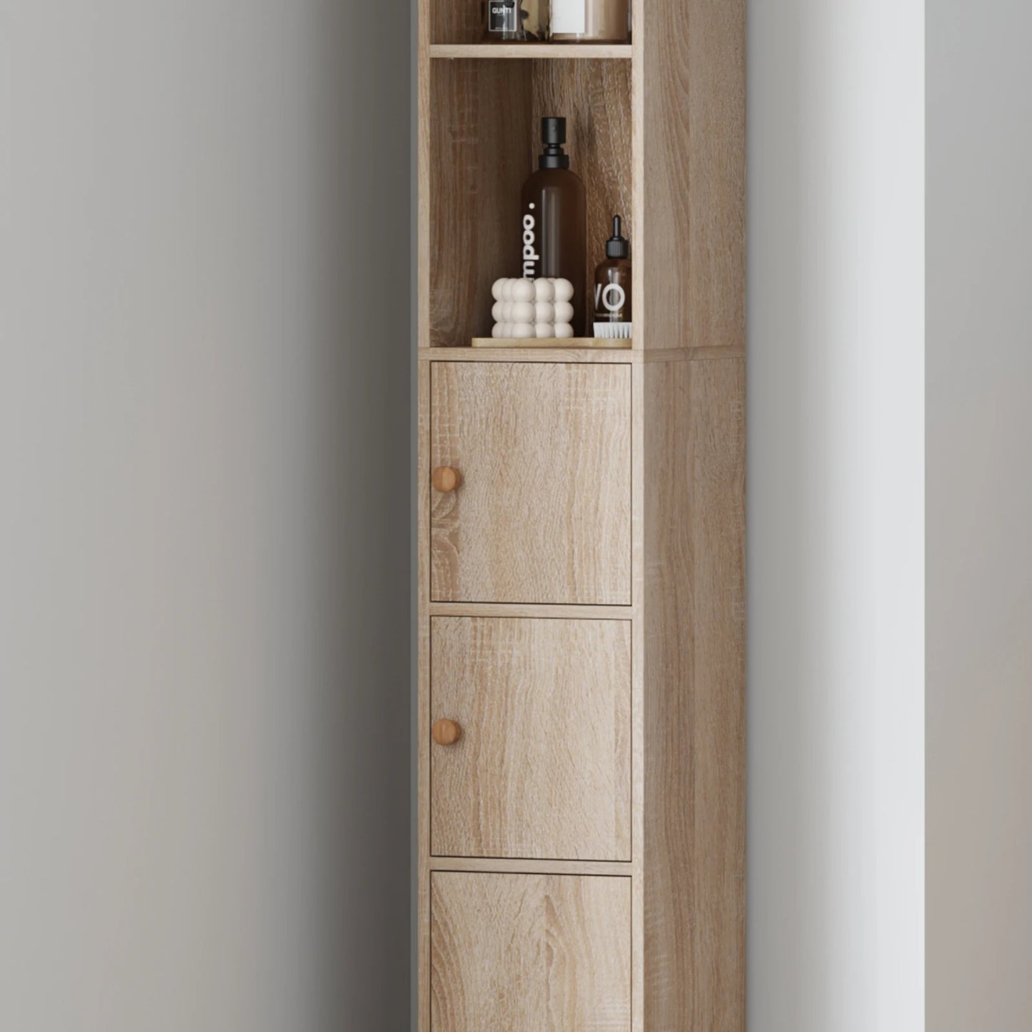 BonChoice Tall&Slim Bathroom Cabinet with 4 Doors&2 Open Shelves, Slim Bathroom Storage Cabinet Unit Narrow Cupboard