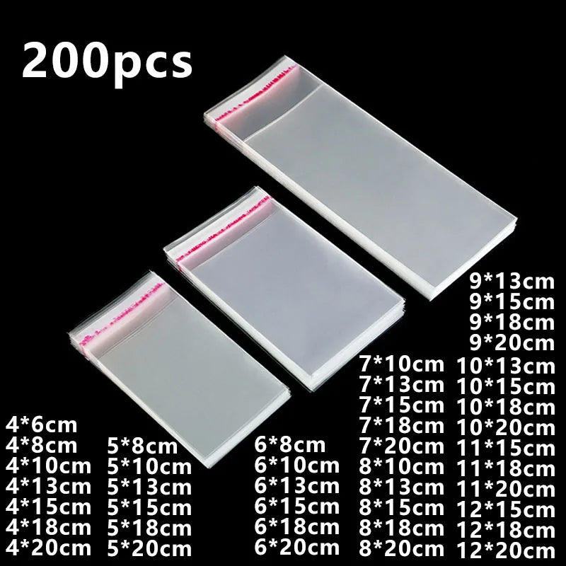 200pcs Transparent Cellophane Bags Cookie Candy Plastic Pouch Jewelry Card Gift Small Self Adhesive Bag Postcard Protective Case