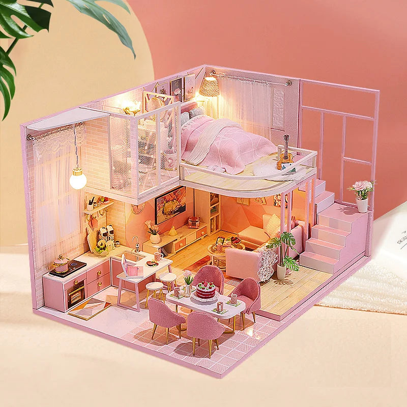 DIY Wooden Doll House Handmade Duplex Apartment Production 3D Puzzle Assembly Building Duplex Apartment Model Toy Children Gifts