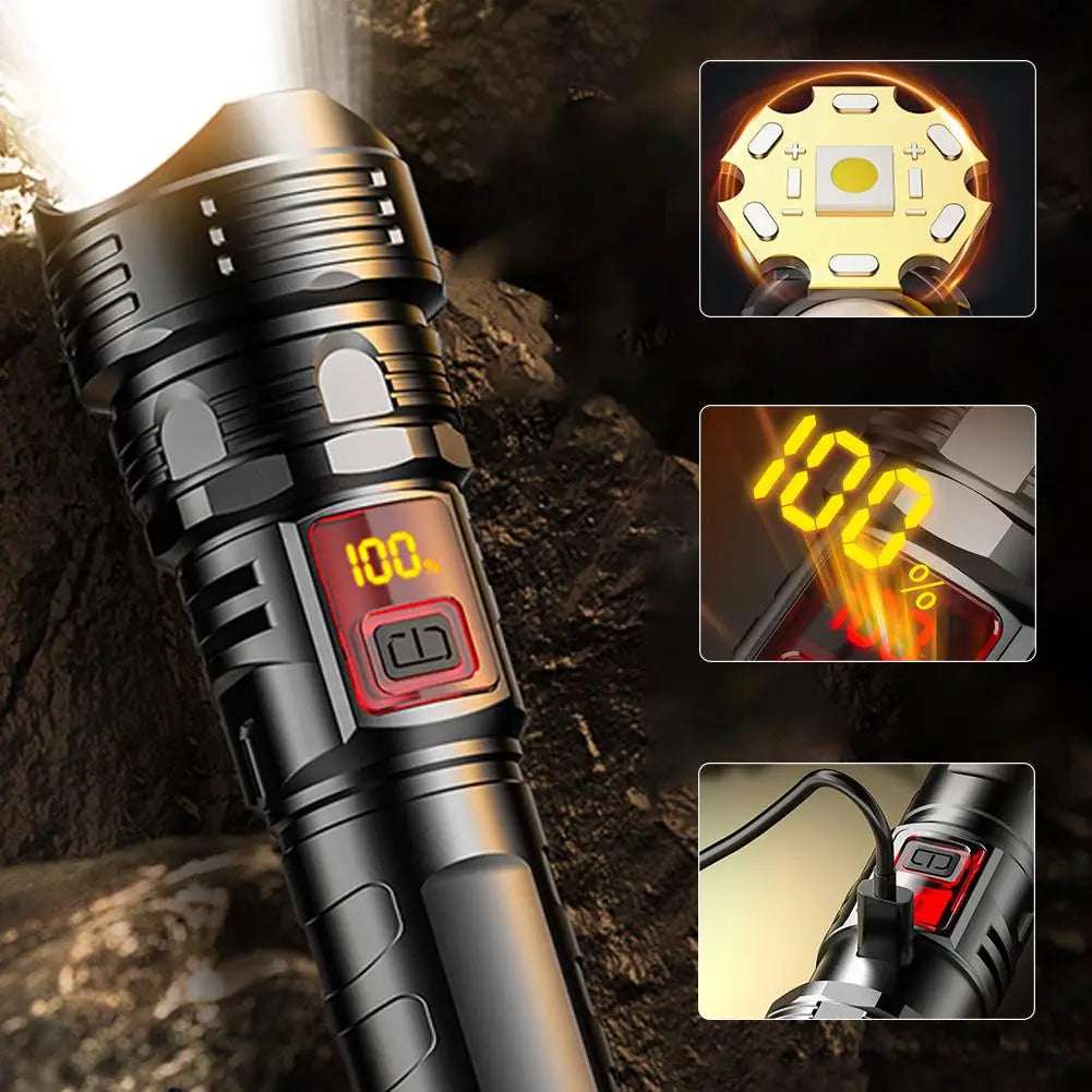 LED Flashlight Super Bright Rechargeable Portable Ultra Power Torch Lamp Retractable Digital Zoom Hand Light For Camping Ou K5Y6