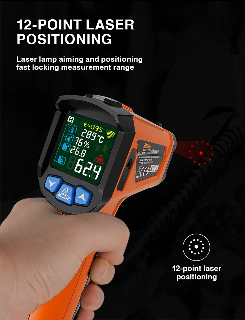 Digital Infrared Thermometer Non-contact Pyrometer Laser Temperature Meter Imager Hygrometer IR Termometro Color LCD Light Alarm