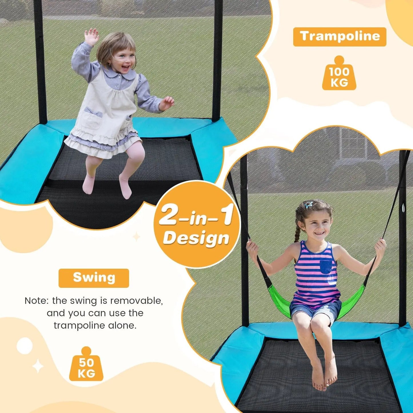 GOFLAME 2-in-1 Kids Trampoline 7FT Toddler Trampoline Swing Enclosure Safe Net-Blue