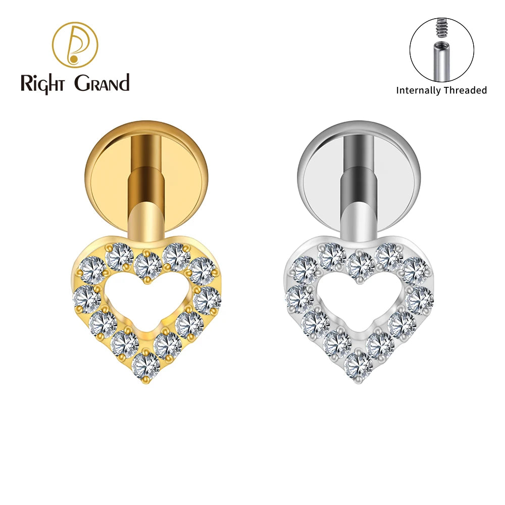Right Grand ASTM F136 Titanium Mini Heart Cartilage Earring 16G Dainty Flat Back Labret Stud Tragus Helix Piercing Jewelry